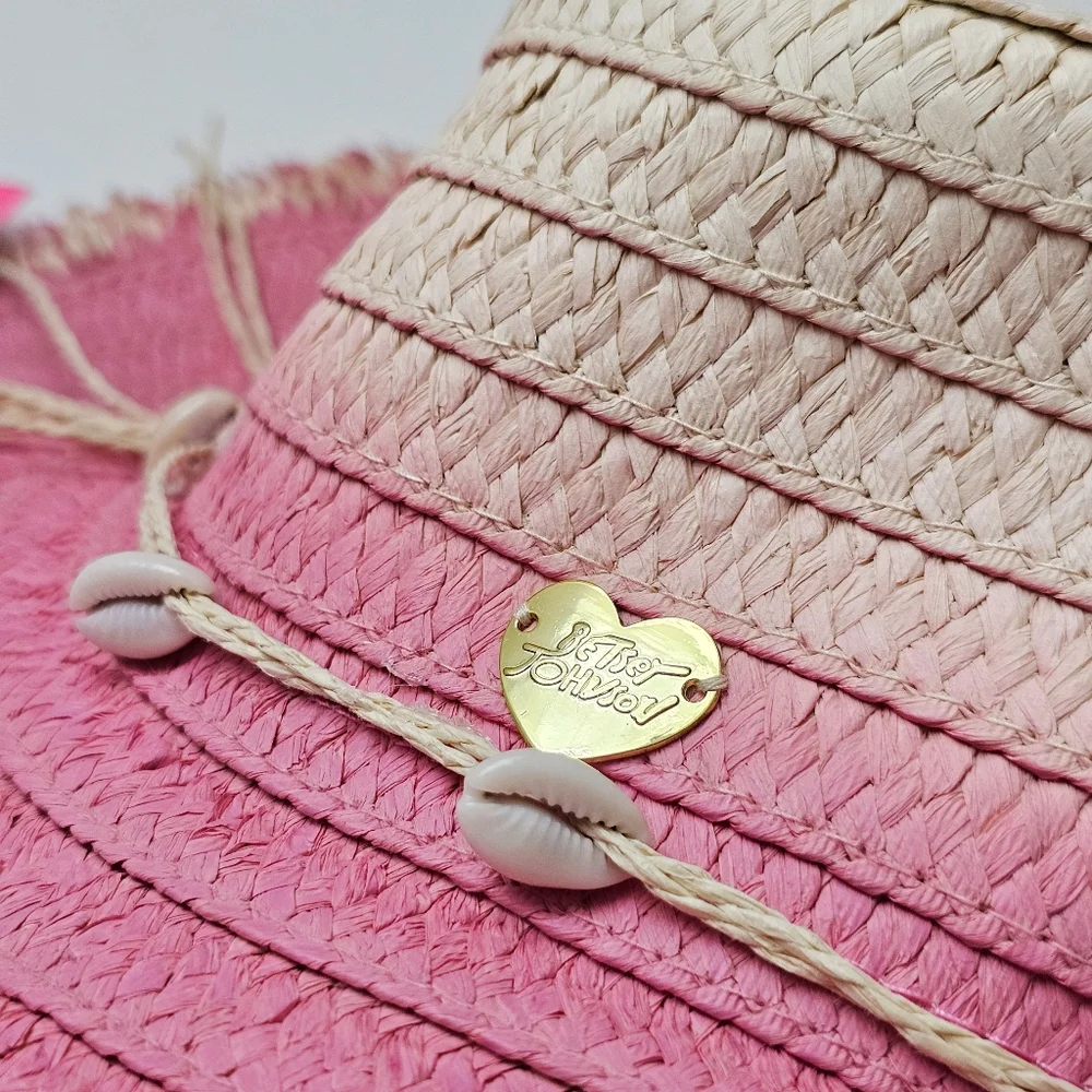 Betsey Johnson Pink Ombre Floppy Paper Hat Shell Detail Beach Boho NWT